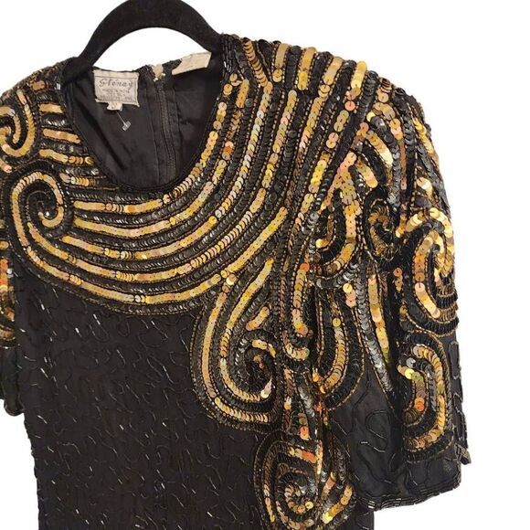 Stenay Vintage Silk Beaded Black Gold Top Size Small - Picture 5 of 13